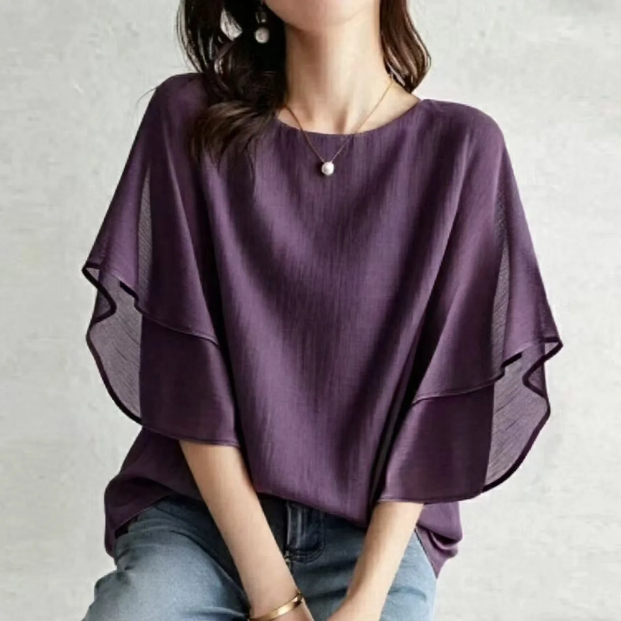 Casual Loose round Neck Short Sleeve Batwing Shirt Summer New Style from Japan Lightweight Chiffon Top Versatile Women's Fashion