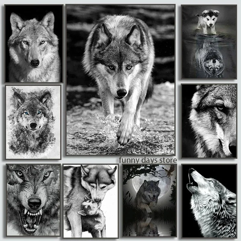Black and White Forest Wolf Head Wall Art Wildlife Wolf Poster Oil  Decoration  Nordic Style Office Home Decor