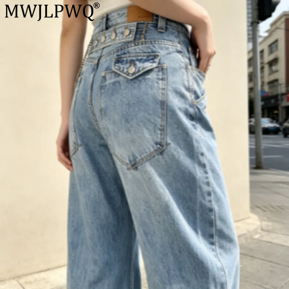 MWJLPWQ American Retro Washed Curved Hem Jeans Men Casual Punk Style Distressed Unique Pocket Design Trendy Workwear Pant 20948