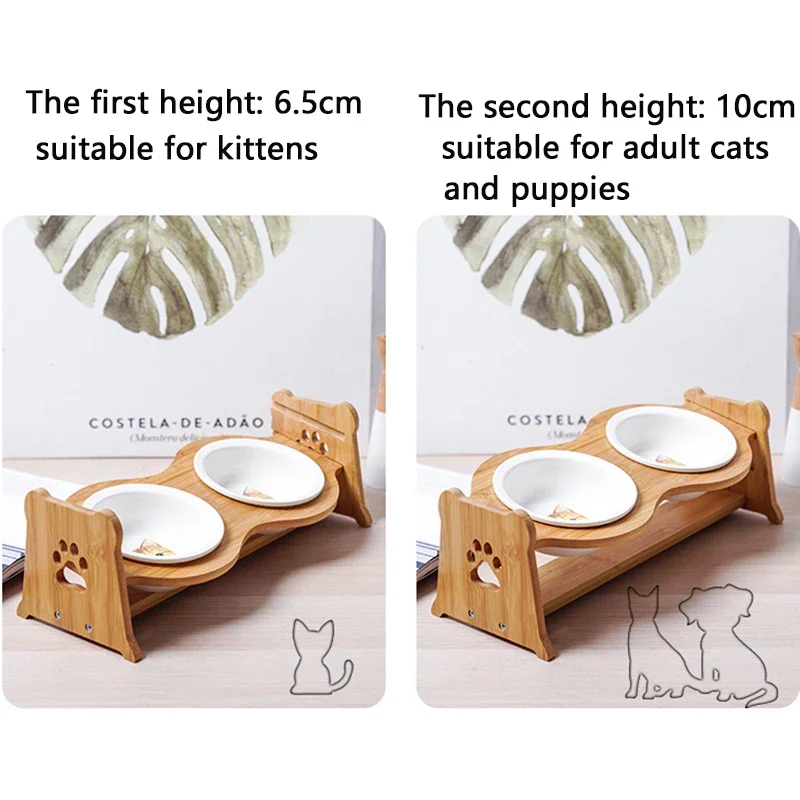 Cat Ceramic Bowls Bamboo Elevated Pet Bowls for Cats Dogs Protective Cervical Spine Anti-Tumble Dishes Pet Bowls and Drinkers