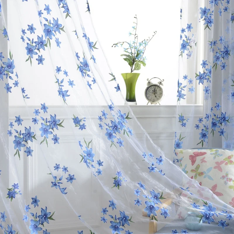 New Tulle Curtain Blue Flower Print Window Curtain Living Room Bedroom Decorations Floor-to-ceiling Curtain Thin Transparent Dra