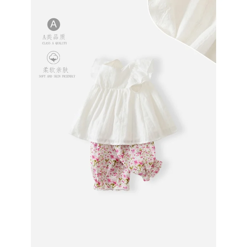 

Clothes for babies2024Summer Cotton New Western Style Girls' Two-Piece Dress Thin Floral Pants White Upper Garment SuitTongy