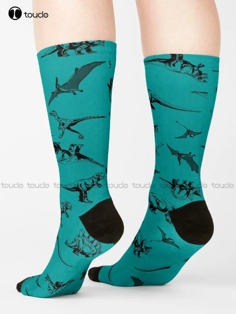 Dinosaurs On Teal Background Socks Men'S Slipper Socks Unisex Adult Teen Youth Socks 360° Digital Print Gd Hip Hop Gift Retro