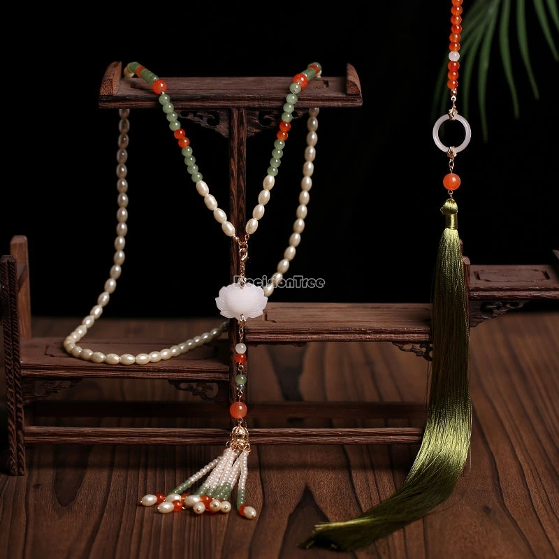 2025 new chinese improved ming dynasty hanfu cheongsam fringe accessories women's antique elegant long green necklace collar b16