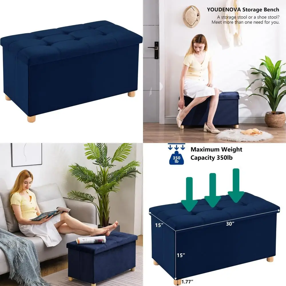 

Navy Blue Velvet Ottoman Bench with Wooden Legs, 30 Inches Folding Storage, Supports 350lbs for Home Use