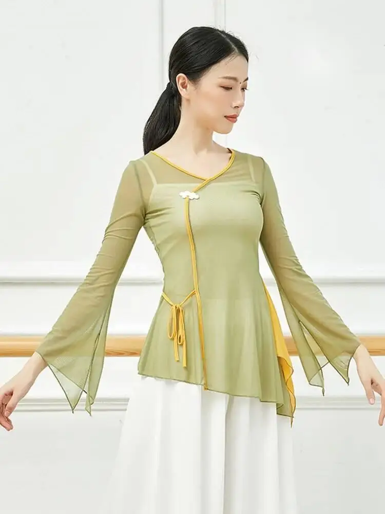 Top da ballo in rete patchwork con scollo a V per donna con maniche a campana Completo da performance classico Costume leggero e aderente per il palco