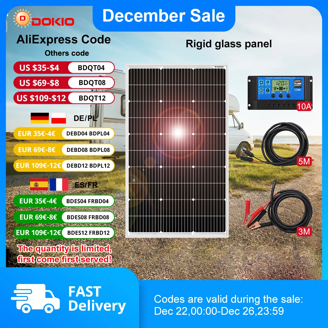 DOKIO 18V 100W panneaux solaires/Kit monocristallin 100W panneau de cellules étanche photovoltaïque 100 watts pour RV/maison/batterie 12V