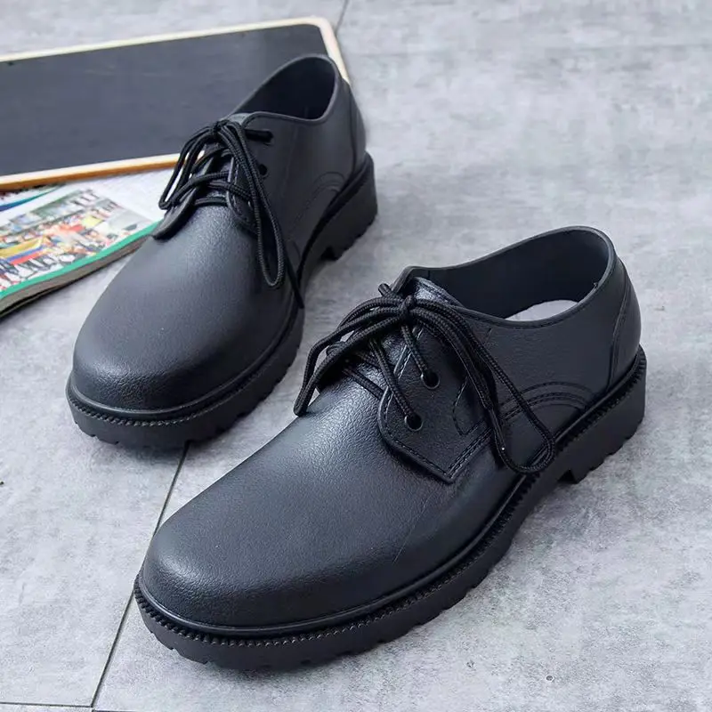 New Men's Fashion Waterproof Ankle Rain Shoes Non-slip Lace-up Rain Boots Male Water Shoes Wellies Shoes Black Color