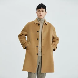 Abrigo de corte largo para hombre, chaqueta gruesa y cómoda de lana pura con cuello tipo Polo y hebilla, a la moda, a juego, novedad de invierno, 100%