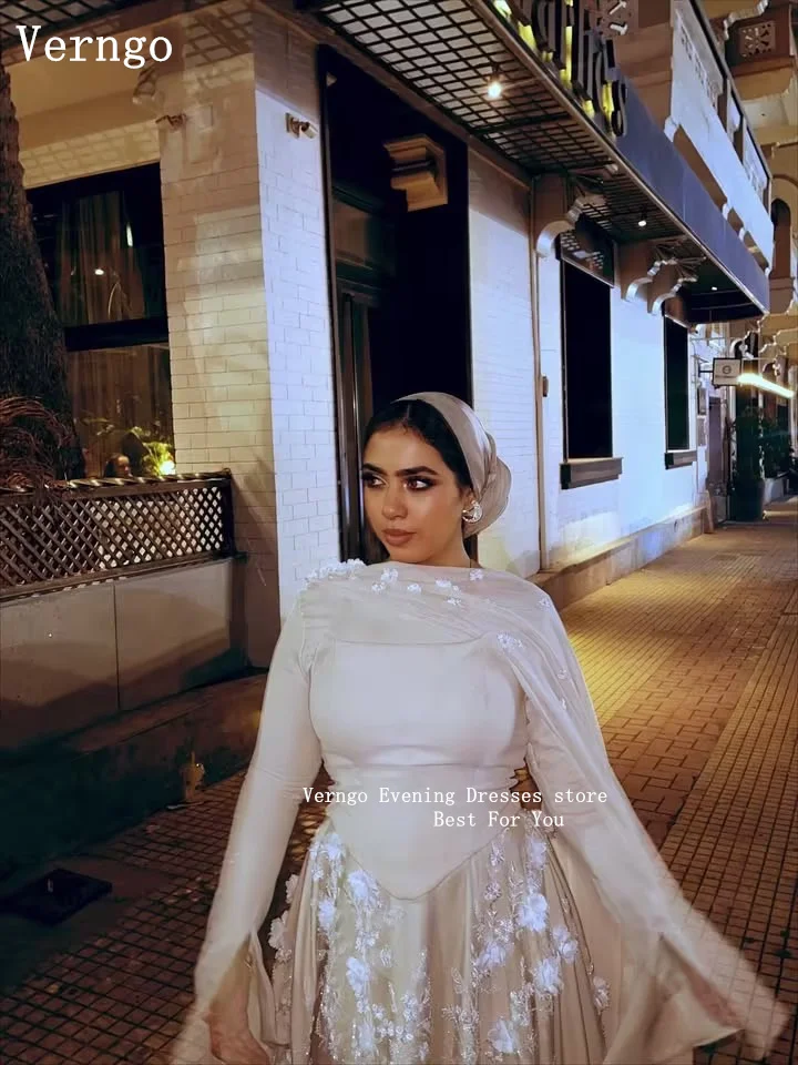 Verngo apliques vestidos de baile o pescoço mangas completas maxi luxo feminino turco vestidos de noite uma linha vestidos de noite personalizados