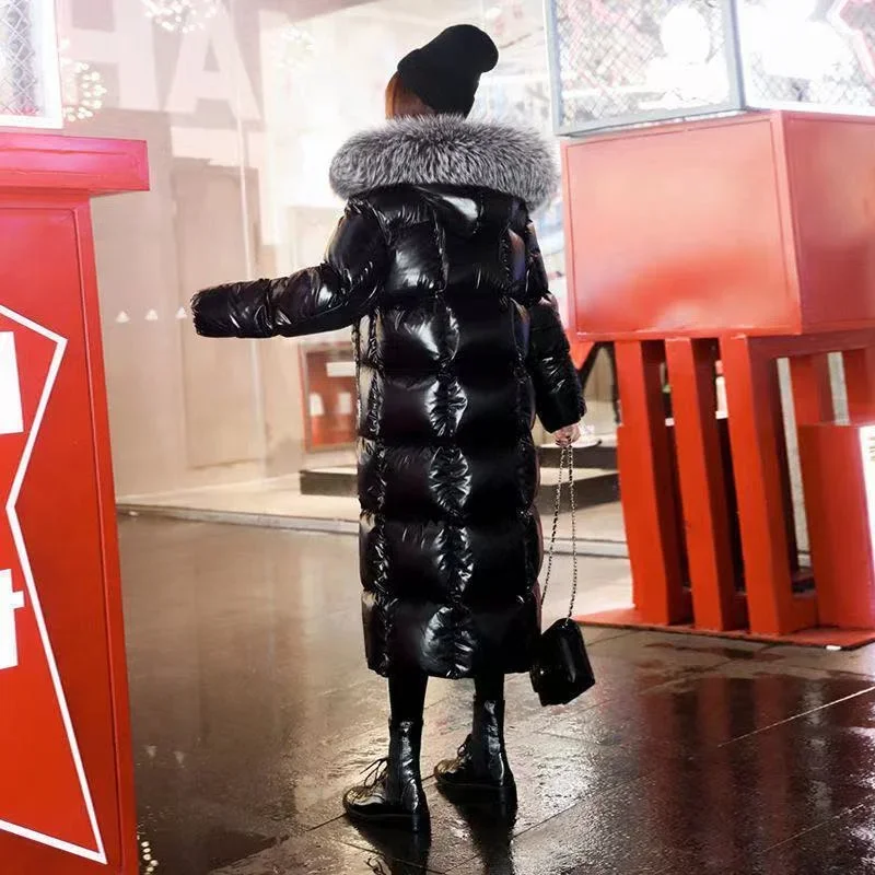 2024 Women Black Glossy X-Long Down Quilted Cotton Padded Jacket Winter Parka Fox Fur Collar Hooded Coat Thick Warm Lady