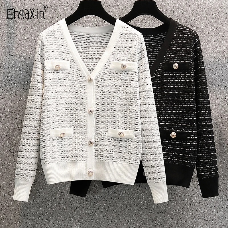 EHQAXIN 2022 Herbst Winter frauen Strickwaren Blusen Elegante V-ausschnitt Lose Gestrickte Pullover Tasten Strickjacke Tops Für Damen M-5XL