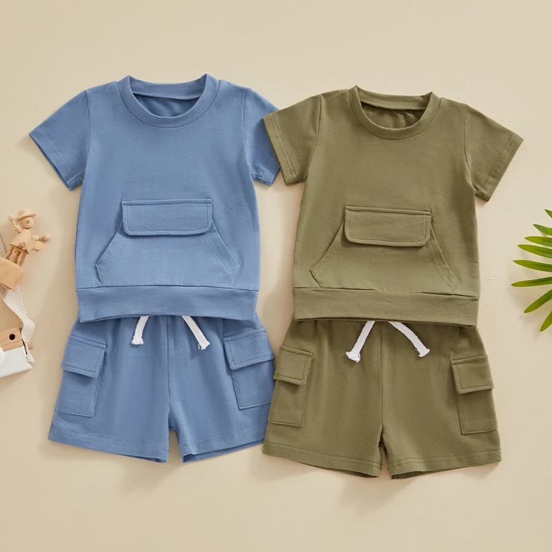 VISgogo Baby Boy Summer 2 Piece Outfits Short Sleeve Front Pocket Tops + Elastic Waist Cargo Shorts Infant Solid Color Set