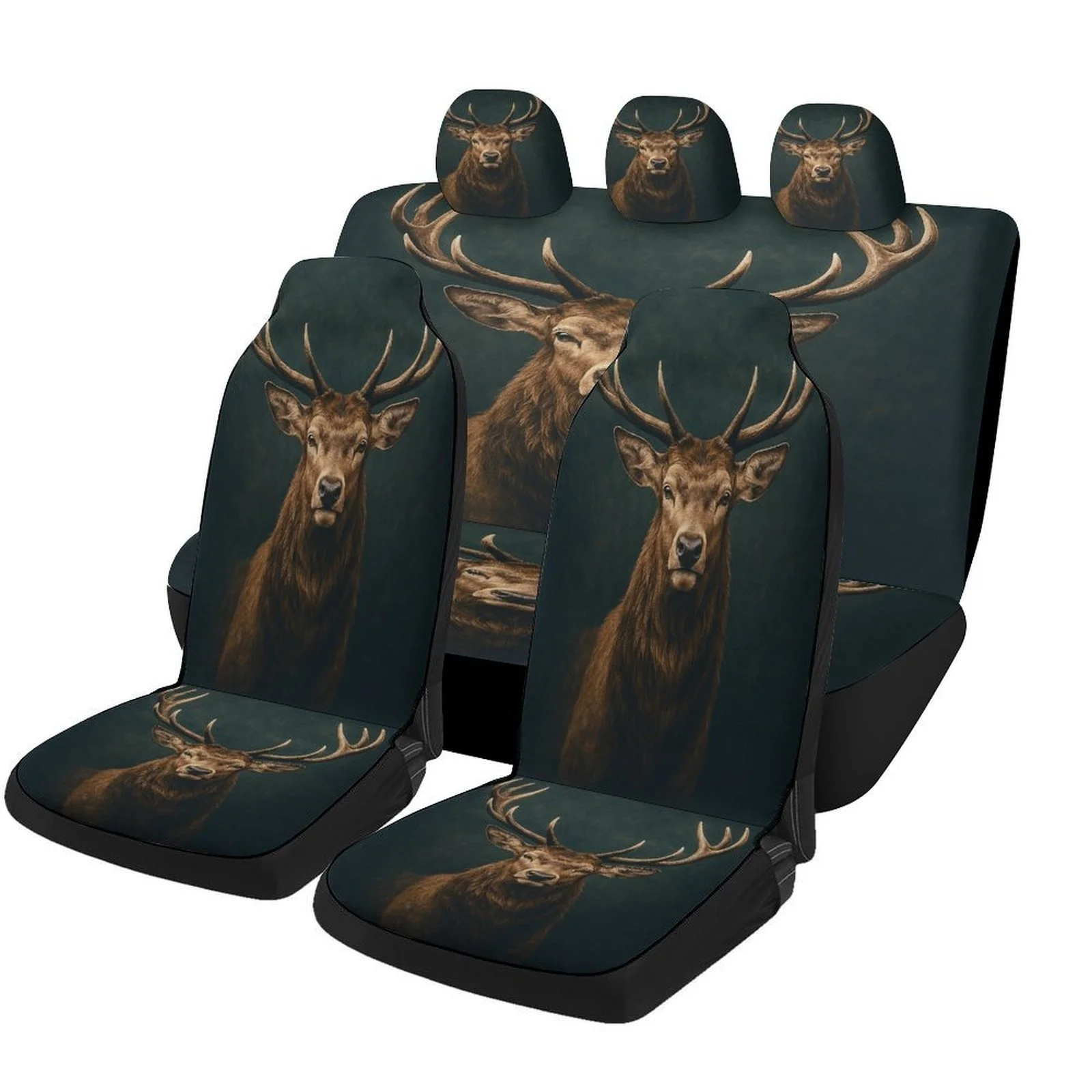Car Seat Cover Set Featuring A Deer Portrait, Suitable For Various Vehicles. This High-Quality And Comfortable Full Set Includes