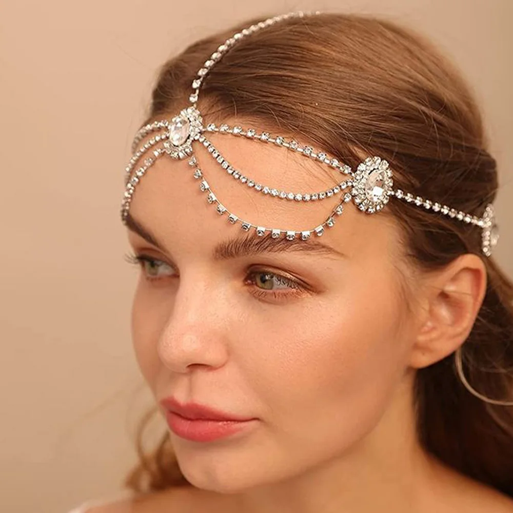 Fashion Women Bohemian Rhinestones Gypsy Head Chain Hair Accessories for Bridal and Girls Belly Dance Wedding 1920s Women Gifts