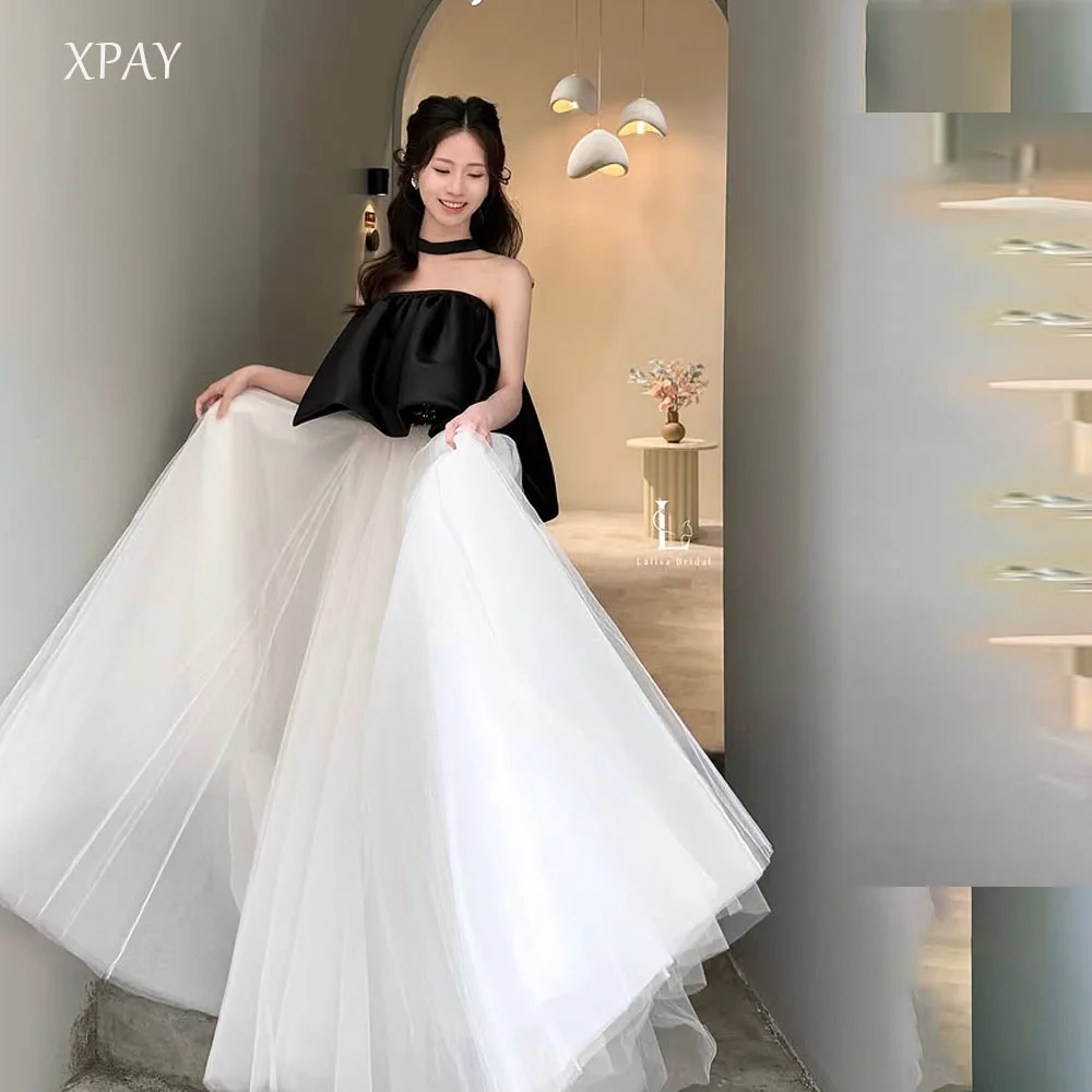 

XPAY Black and White Tulle Korea Prom Dresses Strapless Top Satin A-line Evening Gowns Photo shoot Formal Party Occasion Dress