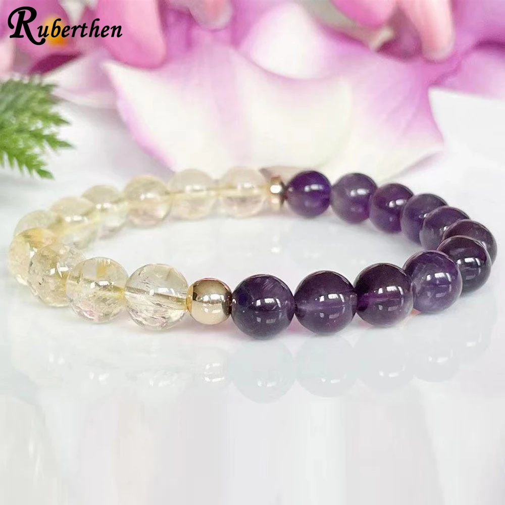 Ruberthen Natural Citrine Amethyst Gemstone Women`s Bracelet Healing Crystals Mala Beaded Bracelet Anxiety Relief Yoga Gift Idea