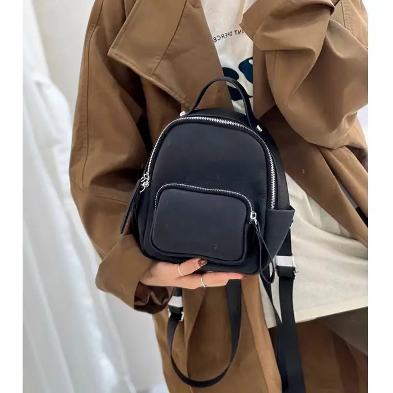 Designer Lichi Pattern Cow Leather Women Backpack Small  Solid Color College Style Travel Rucksack School Bags for Teenage Girl