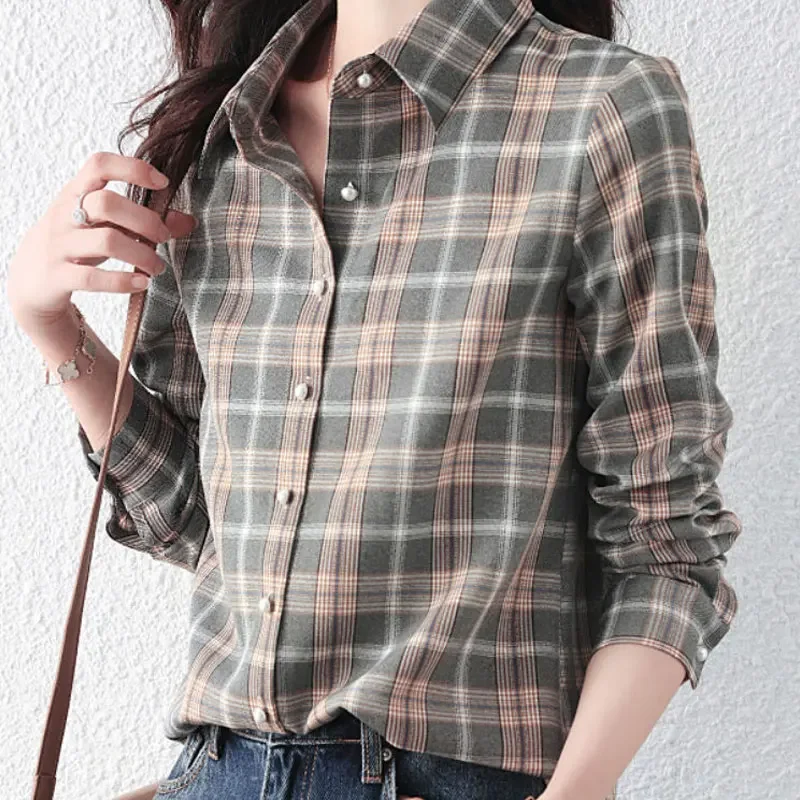 

Women's Plaid Shirt Spring Autumn New Women's Dresses Fashion Streetwear Long Sleeve Turn-Down Collar Blouses Casual Women LJ192