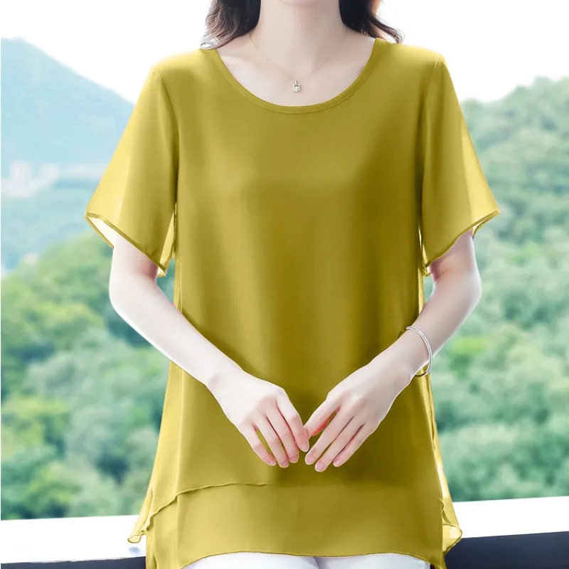 Chiffon Women\'s 2024 Pullover Round Neck Summer Mid Length Gauze Elegant Office Lady Solid Color Loose Slim Short Sleeve Tops