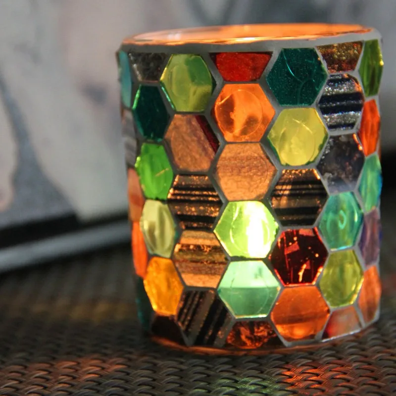 European Hexagonal Cup-shaped Mosaic Glass Candlestick Modern Candlelight Dinner Decorations Candle Holders Wedding Decoration