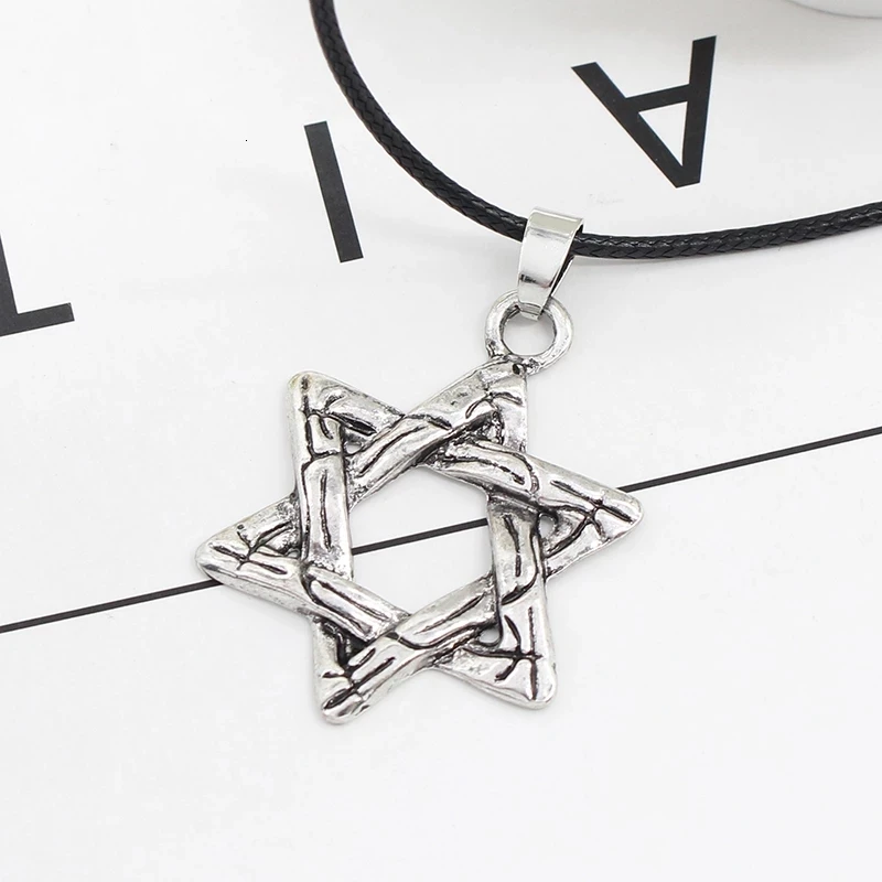 Retro Six-pointed Star Star of David Double-side Engraved Pendant Necklace for Men Hexagonal Star-shaped Leather Rope Chain Gift