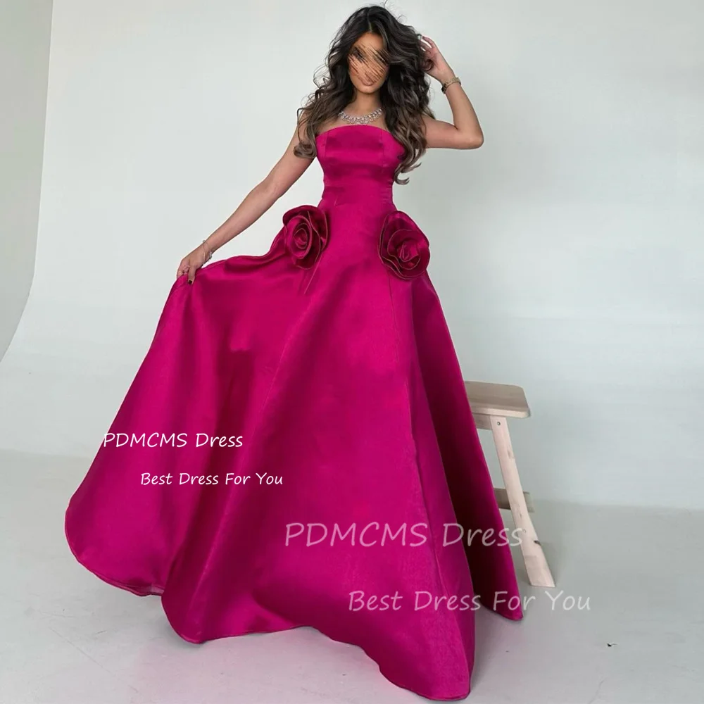 

Sexy Pink Fuschia Dubai Party Dress Arabic Women Flowers Evening Dresses Strapless A Line Special Occasion Prom Gowns vestidos