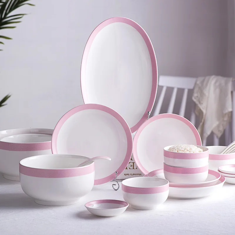 Nordic Style Matte White Ceramic Tableware Set Kitchen Snow Pink Rimmed Rice Bowl Steak Plate Soup Spoon Festival Home Dish