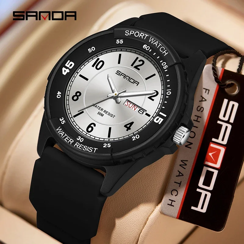 SANDA 6358 Fashion Men's Quartz Watch Calendar Luminous Waterproof Silicone Strap Sports Student Watches for Man Reloj Hombre