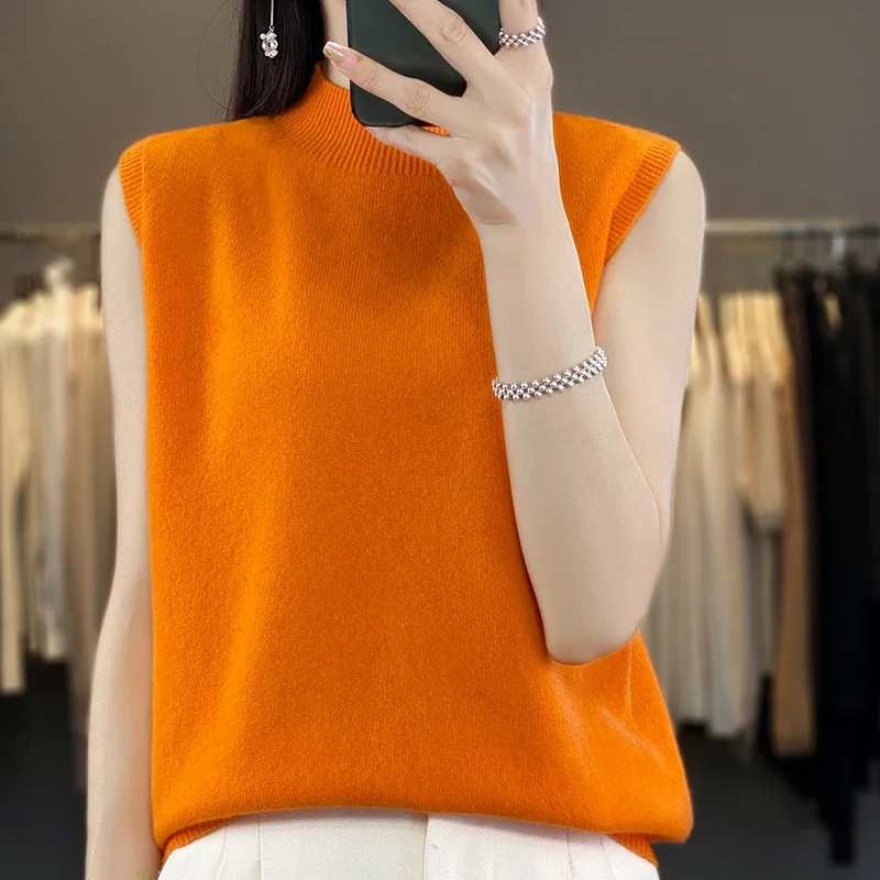 Suéter sin mangas de lana merina pura de 100% para primavera, otoño y verano para mujer, Sudadera con capucha de punto con cuello medio alto, Top de gama alta de Color sólido