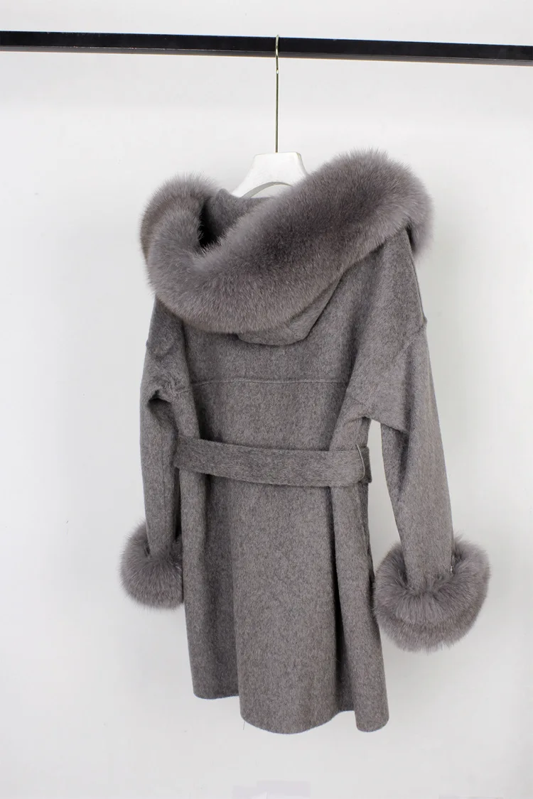 Furshehe Autumn Winter Women Wool Coat with Real Fox Fur Collar Cuff Fashion Belted Cashmere Coats Warm Hooded Trench Overcoat