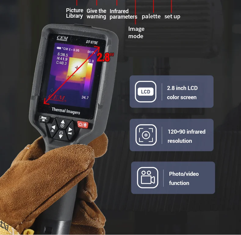 Kamera termowizyjna przemysłowa CEM DT-979E, wyświetlacz 2,8 cala, temperatura do 400 stopni Celsjusza, rozdzielczość IR 120x90, 50 Hz, obsługa OEM i ODM.