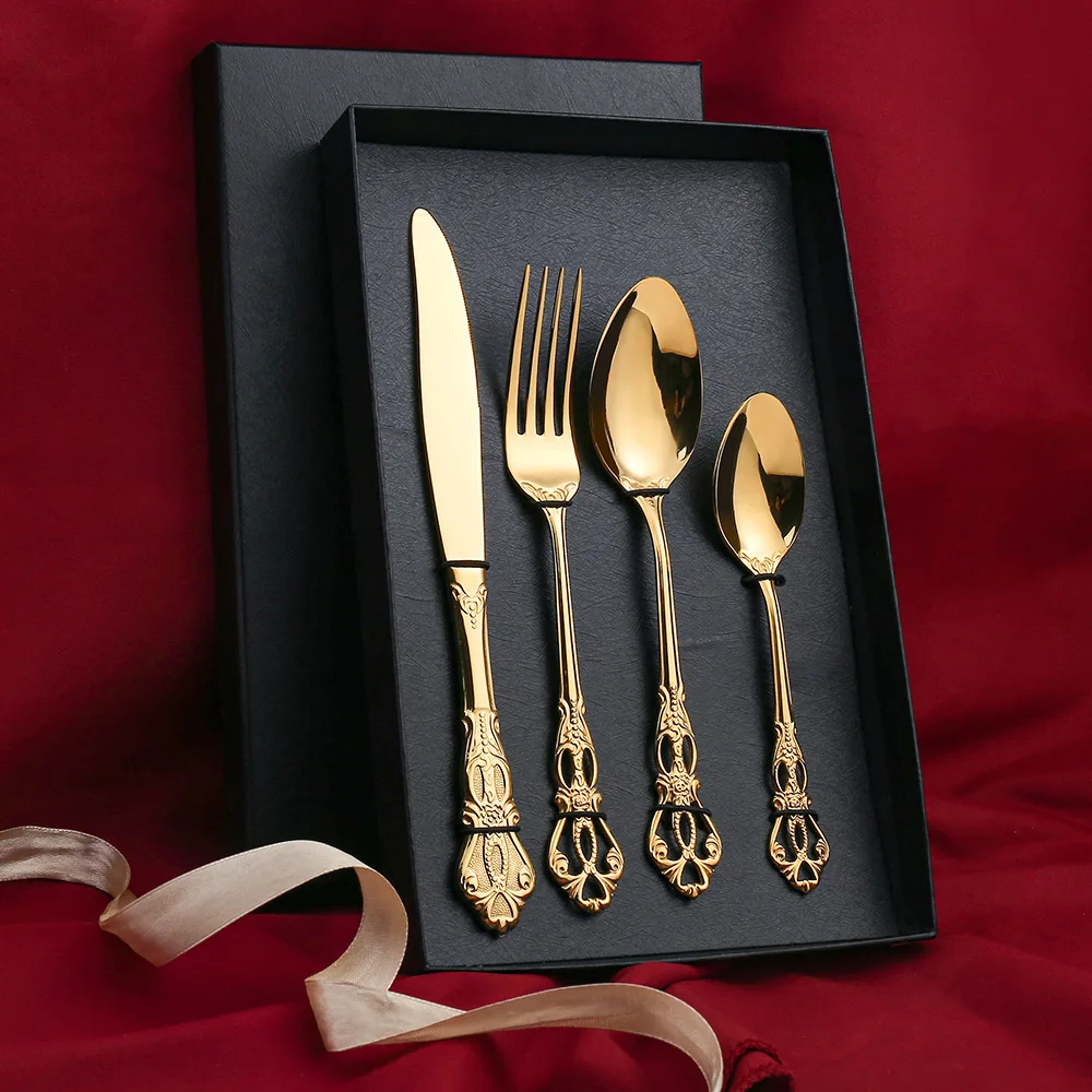 Gold Silverware Royal Vintage Wedding Luxury Gift Stainless Steel Knife Spoon Fork Flatware Cutlery Set