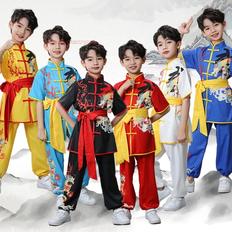 

2024 traditional chinese childen vintage wushu kung fu costume tai chi kungfu set national dragon print martial art exercise set