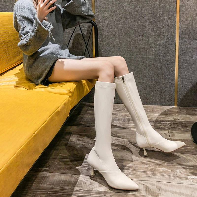 2024 New Women Black White Faux Leather Boots Female Pointed Toe Stiletto Heels Knee High Boots Knight Boots Botas De Mujer