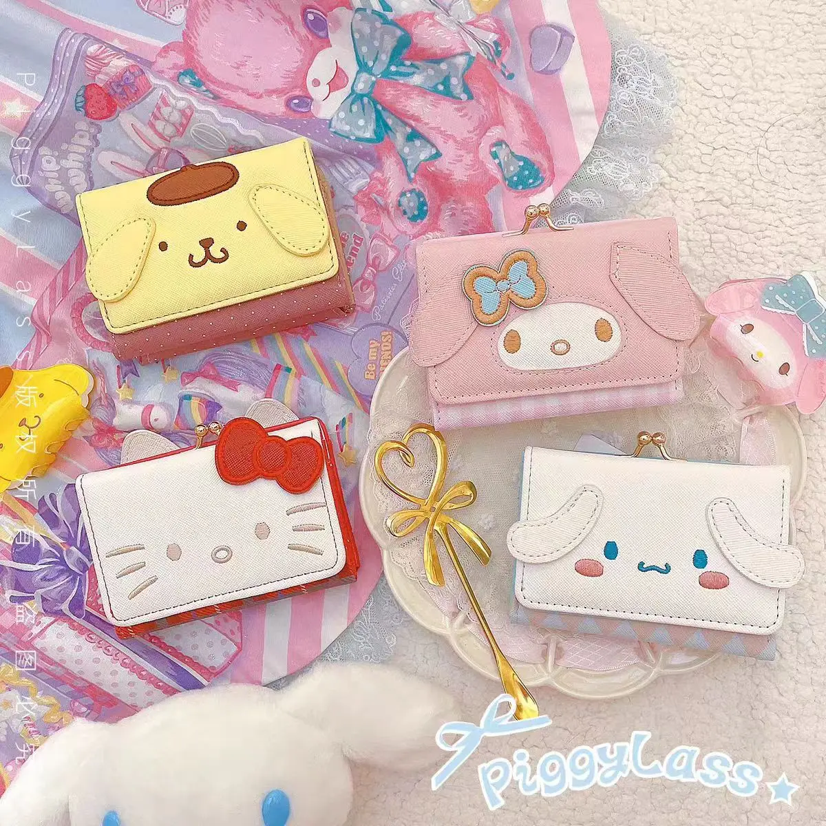 

Sanrio Hello Kitty Pocketbook My Melody KT Cat Cinnamon Roll Pringle Kuromi PU Leather Wallet Cute Folding Card Bag Female Walle