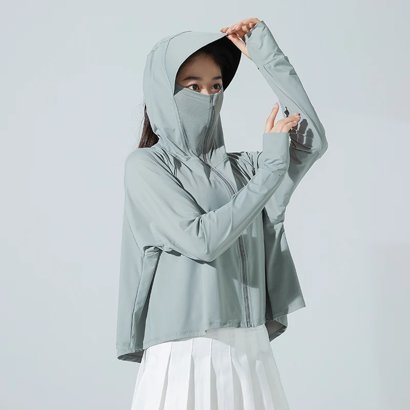 

Outdoor Women's UV Protection Hoodie Jacket Solid Color Ice Silk Long-Sleeved Sunscreen Jackets Thin Breathable UPF 50+ Clothing