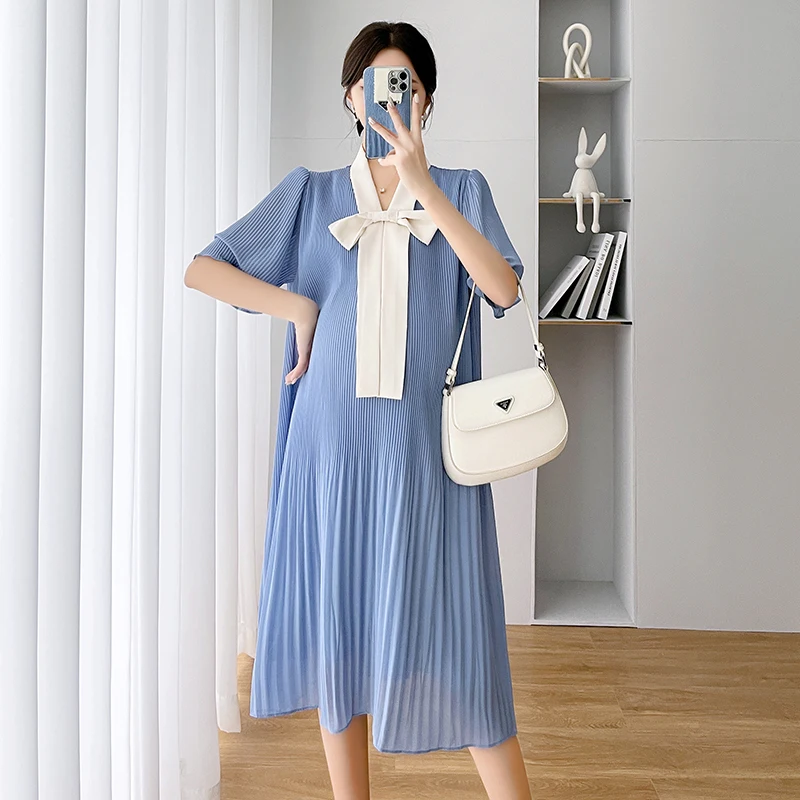 Summer Korean Fashion Chiffon Maternity Dress Elegant Sweet Loose Clothes for Pregnant Women Ins Ruffle Bow Pregnancy Clothing