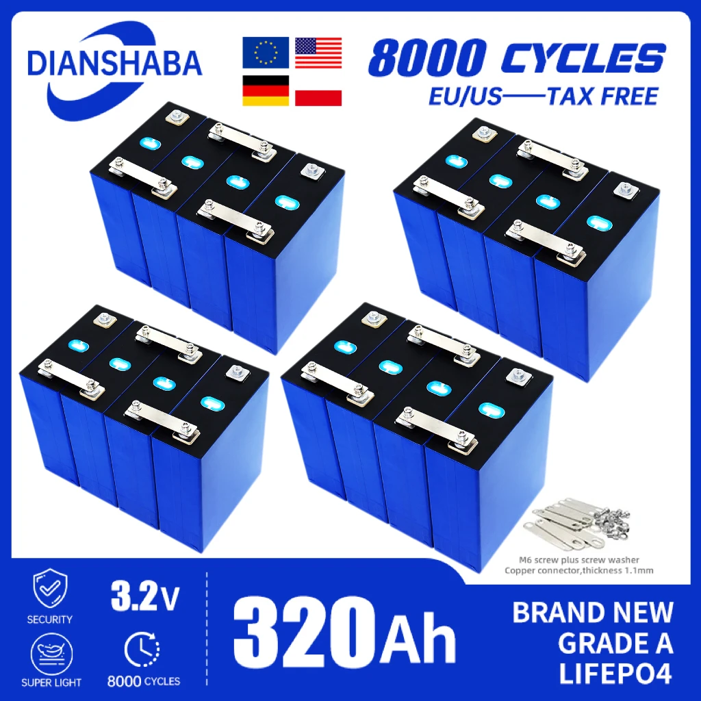 Brand new 320Ah 8000 cycle LiFePO4 3.2V rechargeable battery, suitable for DIY 12V24V batteries, Class A duty-free