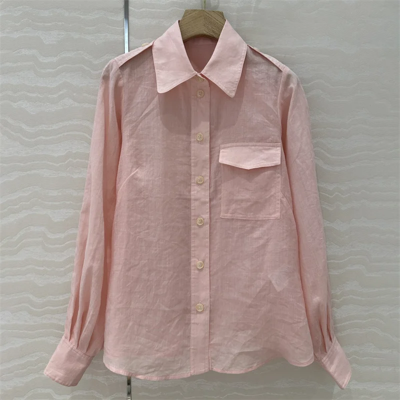 

Женская рубашка, новинка осени 2025 года, однобортный облегающий топ с лацканами и длинными рукавами, высококачественная женская блузка из конопли, повседневное тонкое пальто