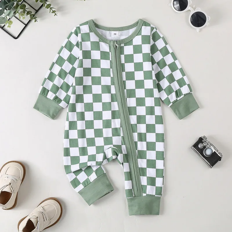 RUEWEY 0 to 12 Months Baby Girl Boy Checkerboard Romper Spring Autumn Clothes Round Neck Long Sleeve Full Length Zipper Jumpsuit