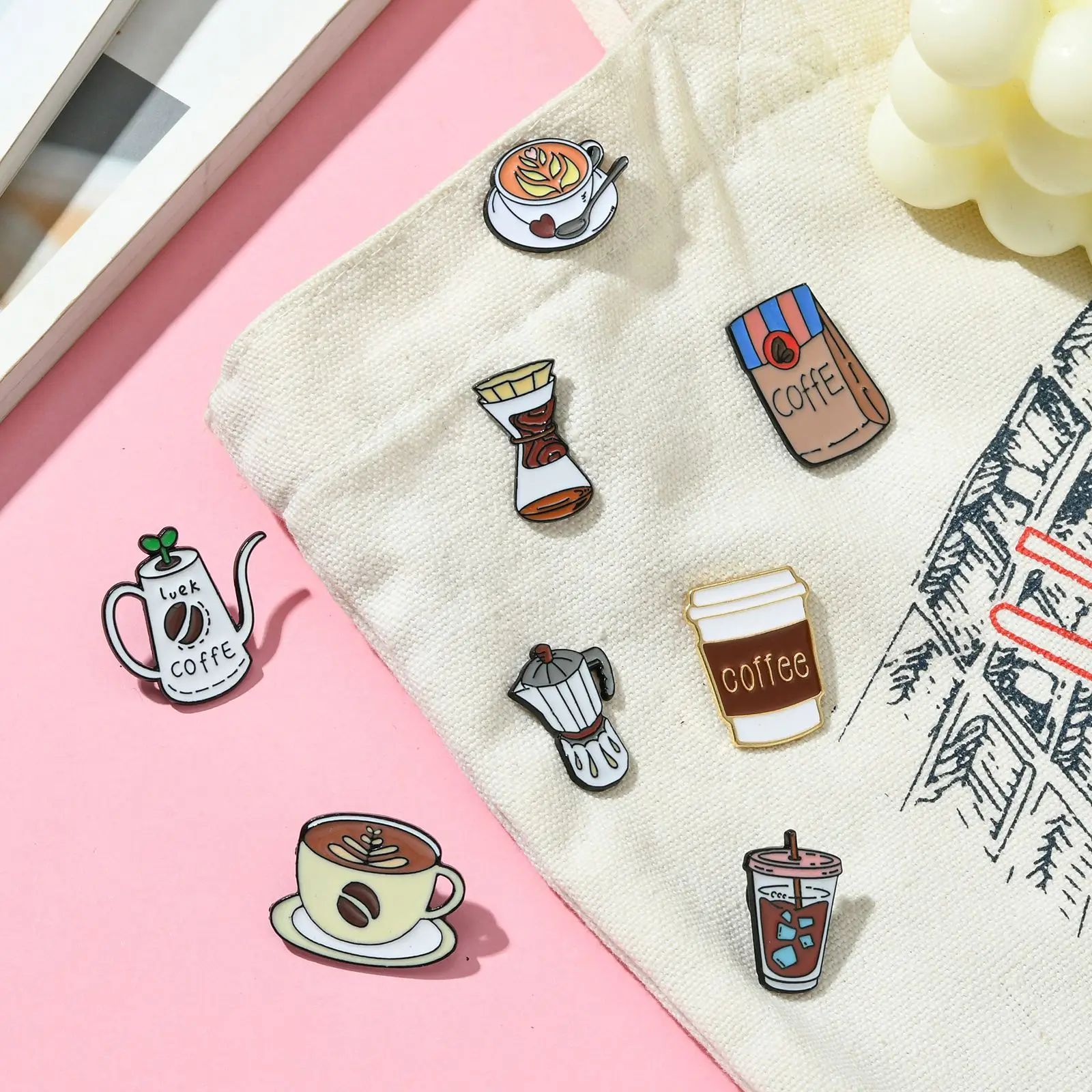 PandaHall 8Pcs Mixed Styles Coffee Brooch Pins Set Cafe Series Coffee Cups Pots Brooch Badges for Clothes Backpack Bag Decor
