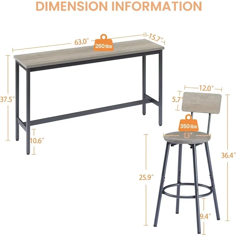 Ensemble de table et de chaises de bar, table de bar de 63 "avec 3 solutions de solution en PU, piste de bar, comptoir recommandé, table haute pour le petit déjeuner, 3-4 pièces