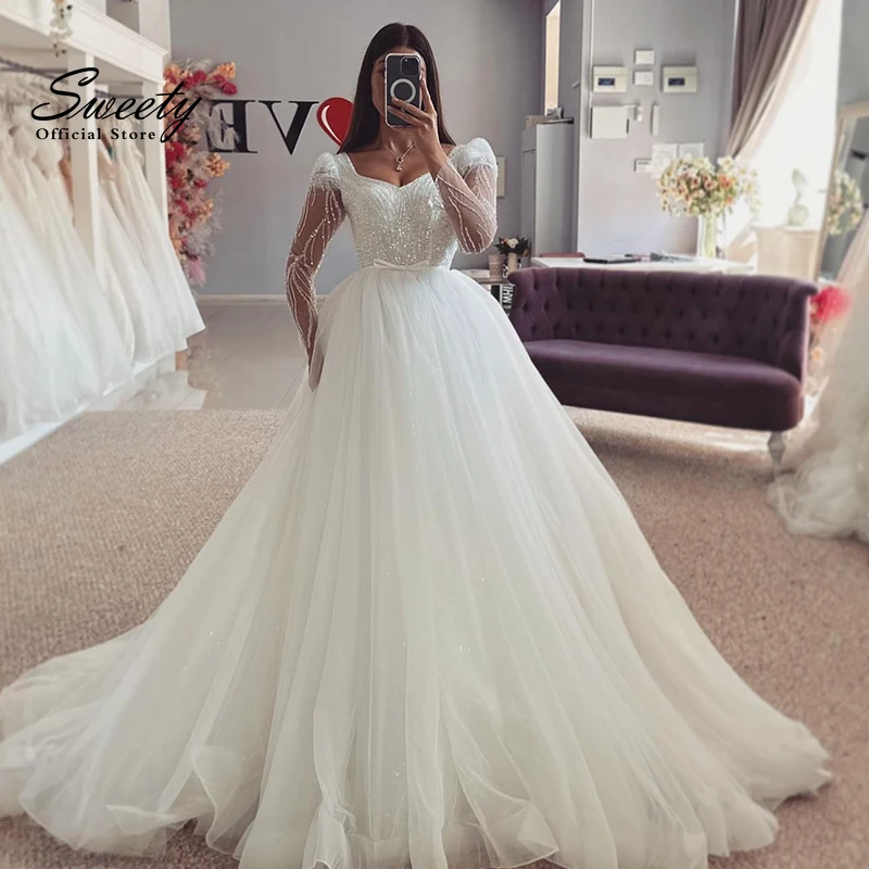 

Luxury Wedding Dress Organza With Embroidery Lace Ball Gown A-Line V-Neck Full Sleeve Bride Dress Customized Vestido De Novia