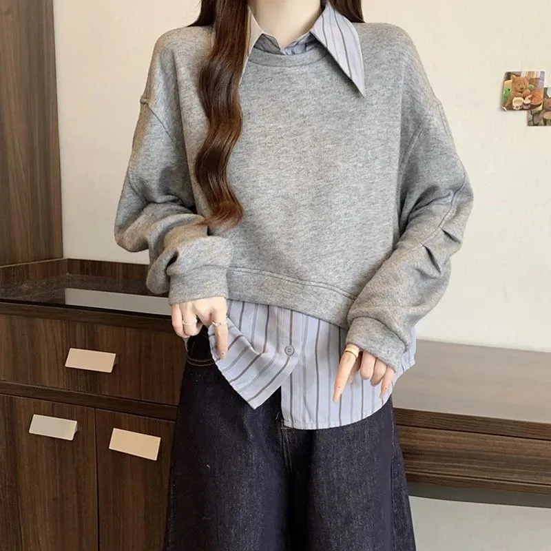 Faux sweat deux pièces en Patchwork pour femmes, chemise ample, Style coréen, nouveaux chemisiers à manches longues, haut à bascule, printemps automne