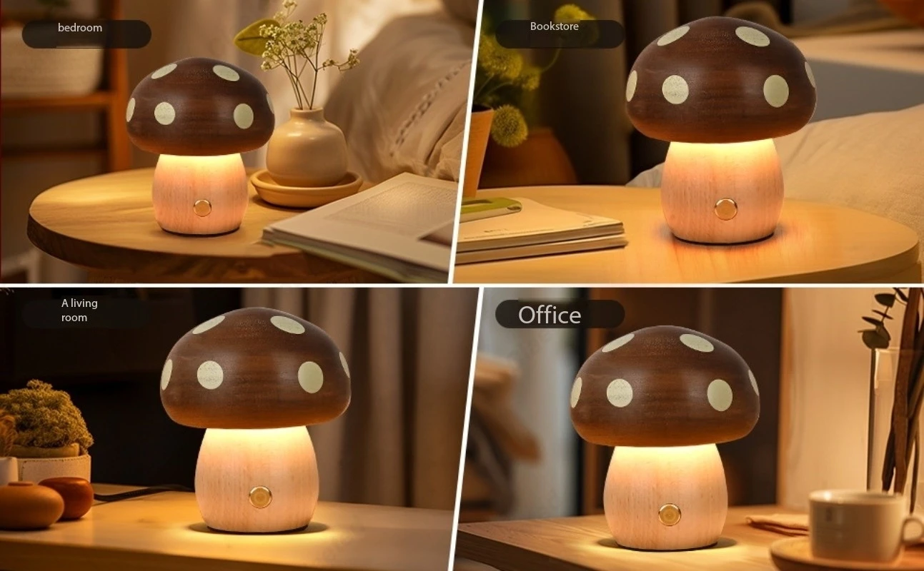Creative LED Solid Wood Mushroom Night Light Bedroom Bedside Atmosphere Lighting Children's Room Desk Lamp