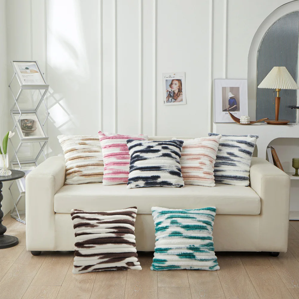 PV Plush Geometric Stripes Square Sofa Pillow Cover Bed Backrest Cushion Case