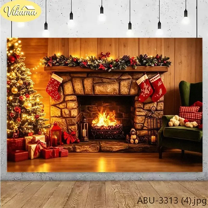 VIKAMA Photography Background Christmas Fireplace Armchair Plaid Backdrop for Party Birthday Photo Booth Home Decor