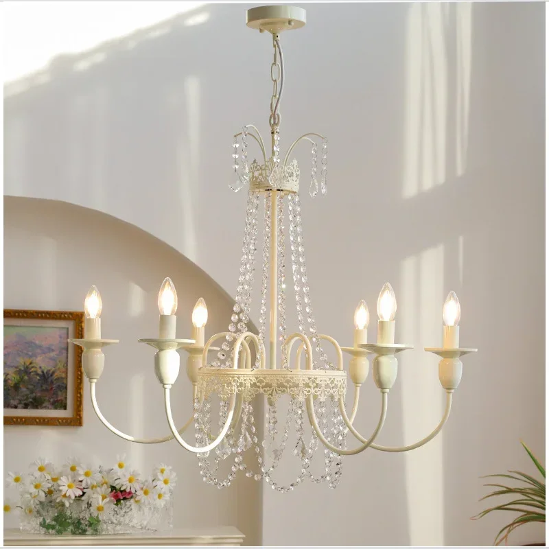 French Vintage Bath Room Pendant LED Light Crystal Villa Grand Princess  Bedroom Restaurant Cream Wind Candle 4/6/8 Head Lamps