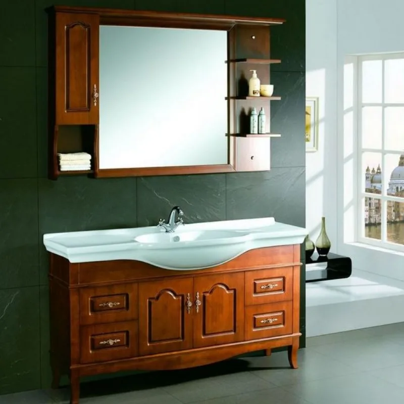 Bathroom Vanity Solid Wood Frame Matching Wall Mirror Multi Drawer Storage Ceramic Sink Moisture Resistant  Wash Vanity